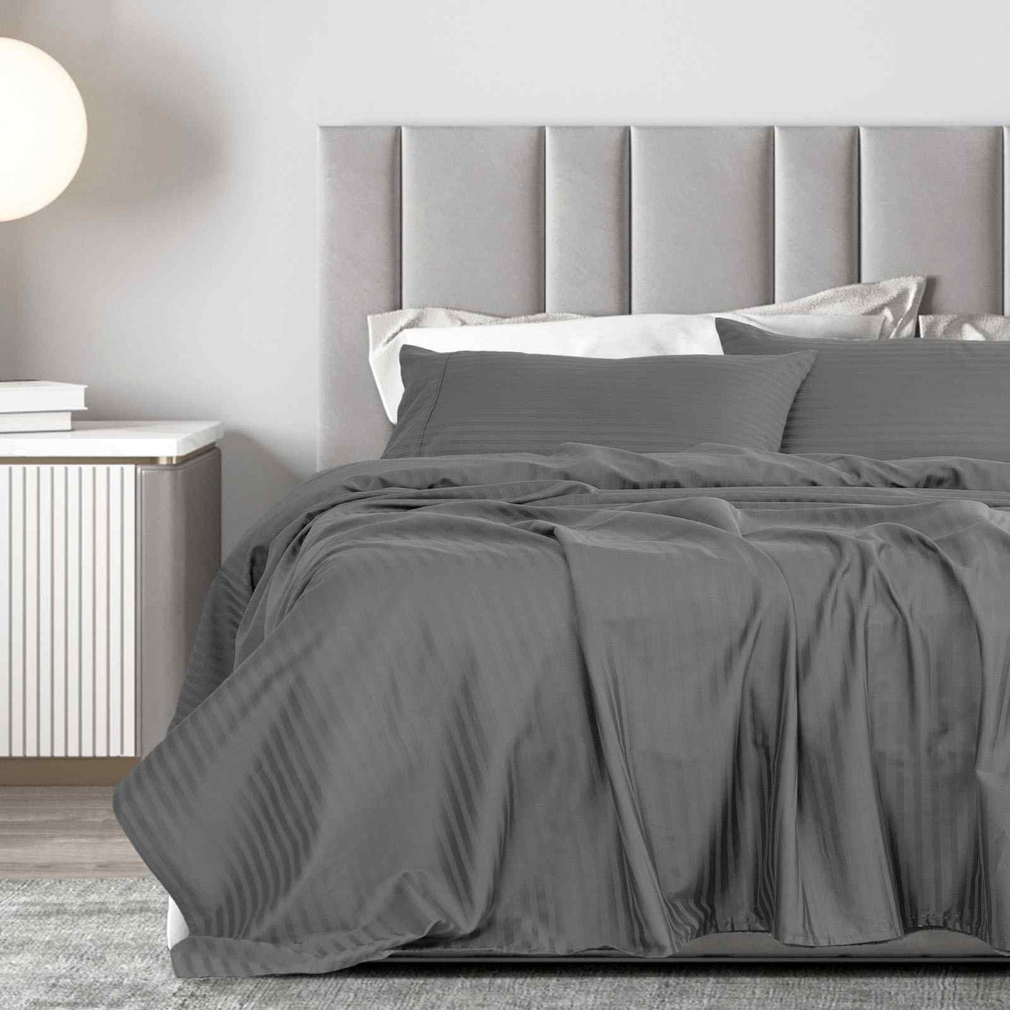 Royal Comfort 1200 Thread Count Damask Stripe Cotton Blend Sheet Sets Queen Charcoal Grey