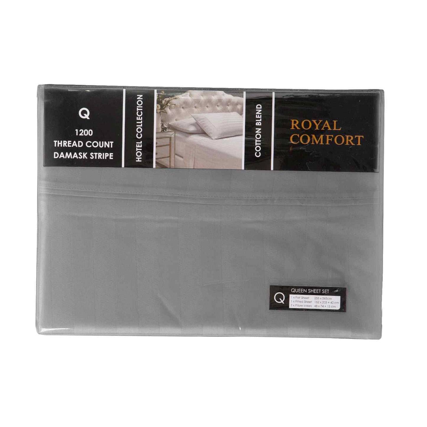 Royal Comfort 1200 Thread Count Damask Stripe Cotton Blend Sheet Sets Queen Charcoal Grey