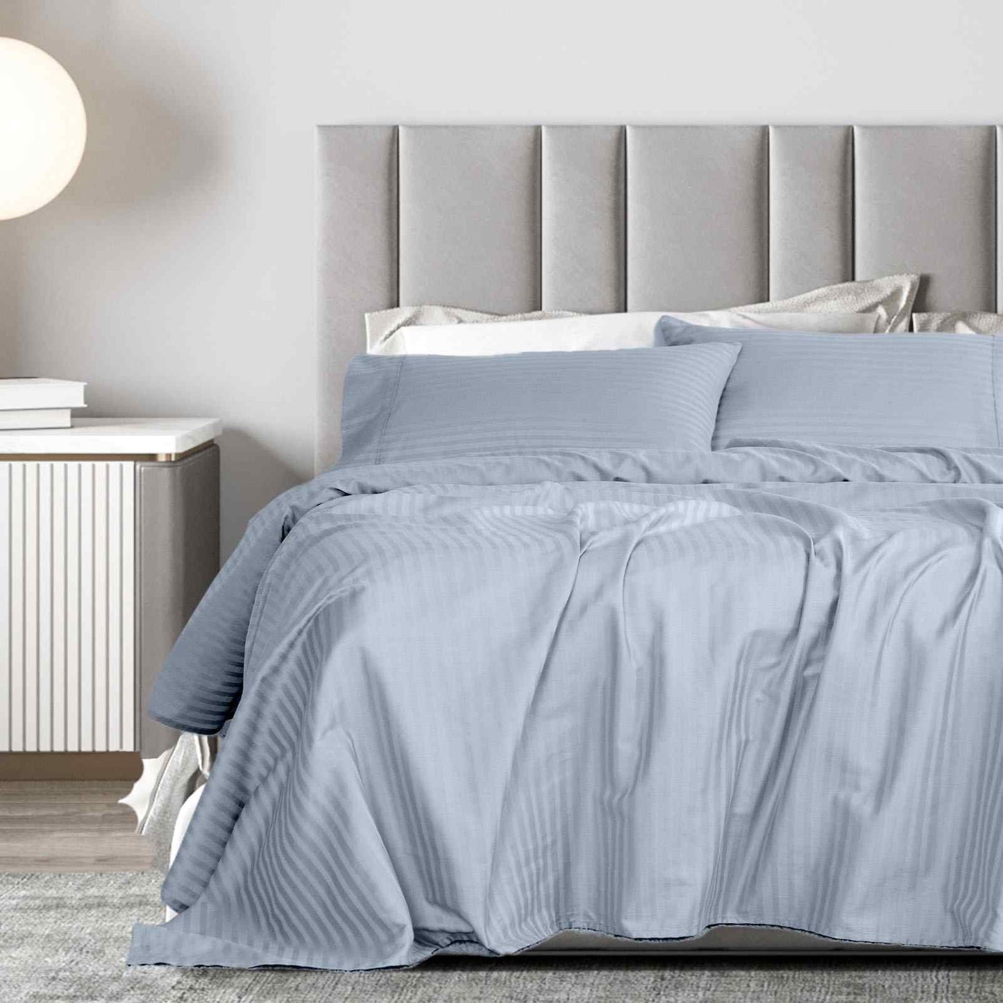 Royal Comfort 1200 Thread Count Damask Stripe Cotton Blend Sheet Sets King Blue Fog