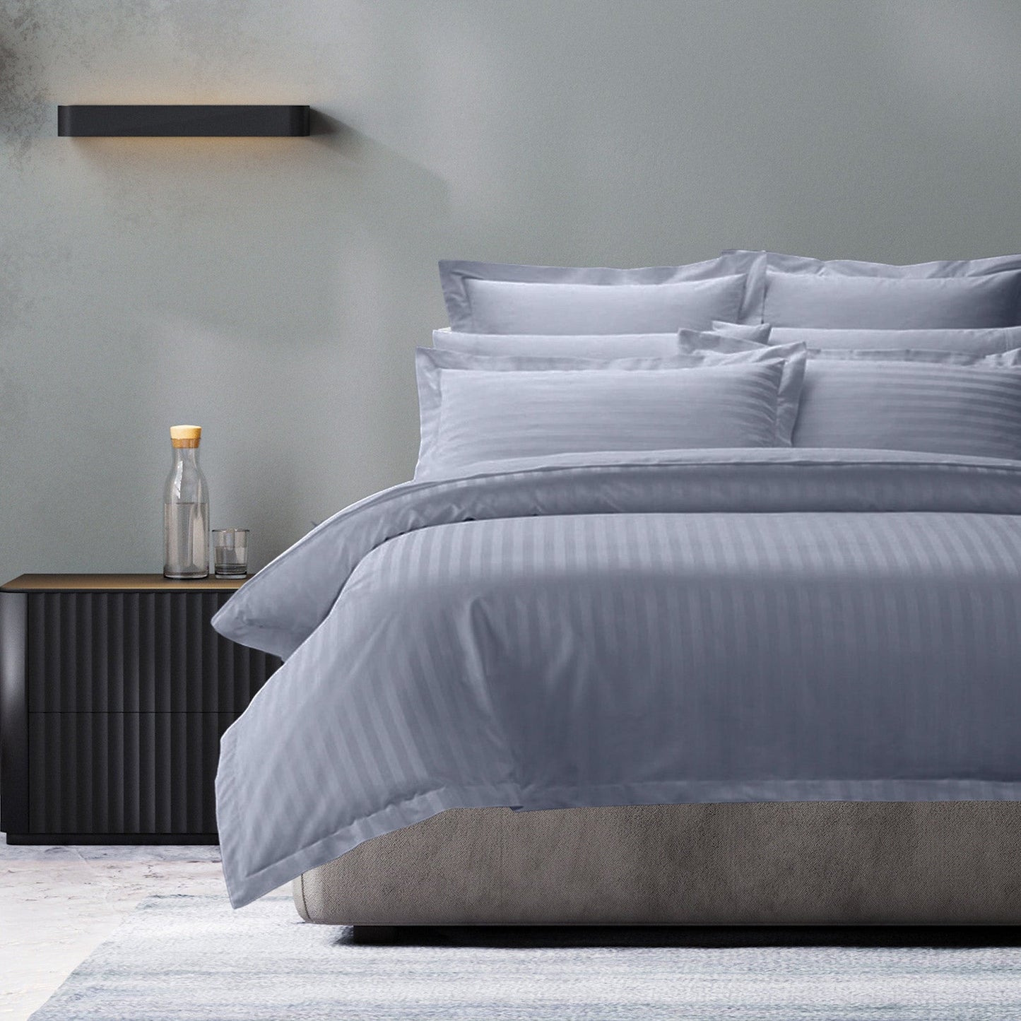 Royal Comfort 1200 Thread Count Damask Stripe Cotton Blend Quilt Cover Sets King Blue Fog