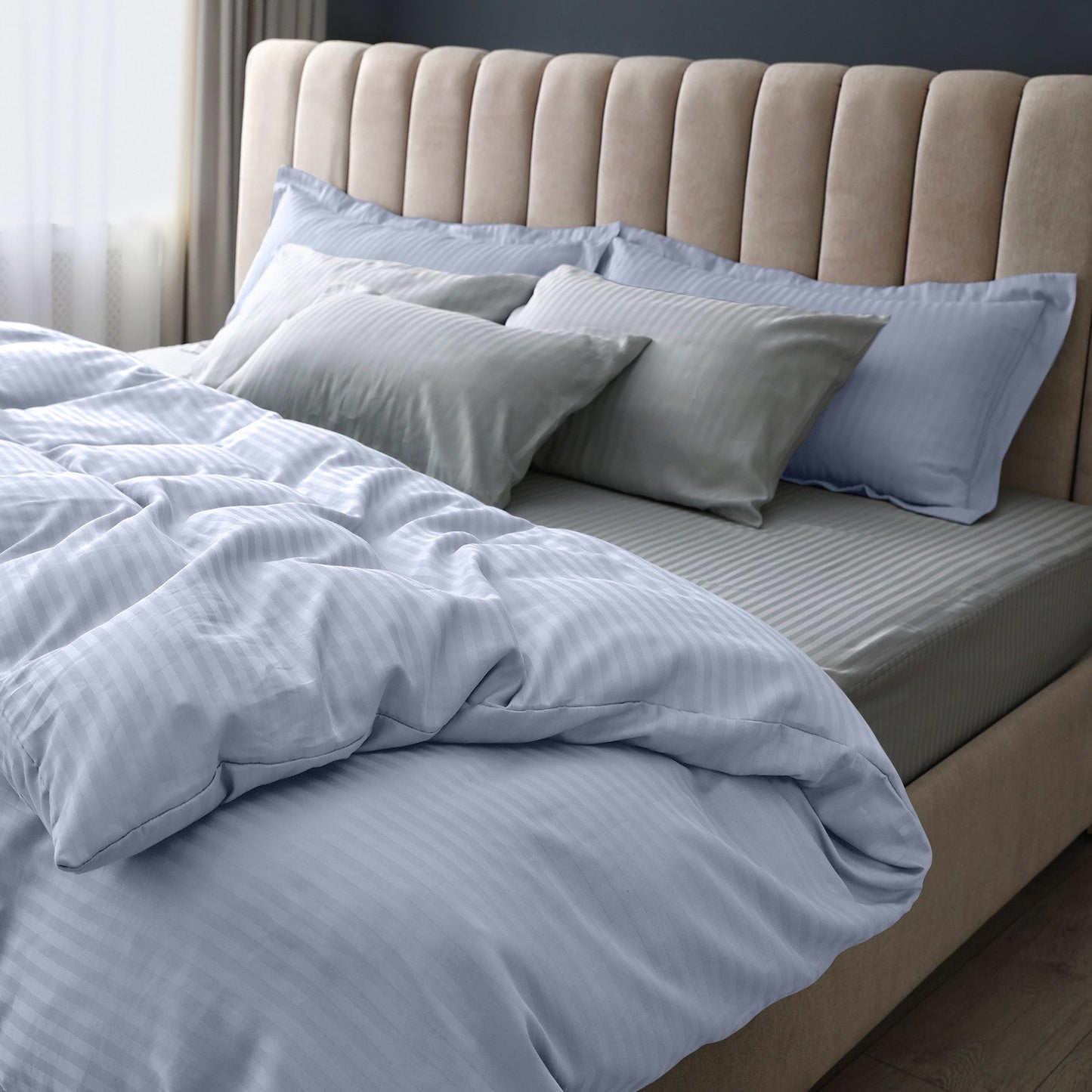 Royal Comfort 1200 Thread Count Damask Stripe Cotton Blend Quilt Cover Sets King Blue Fog