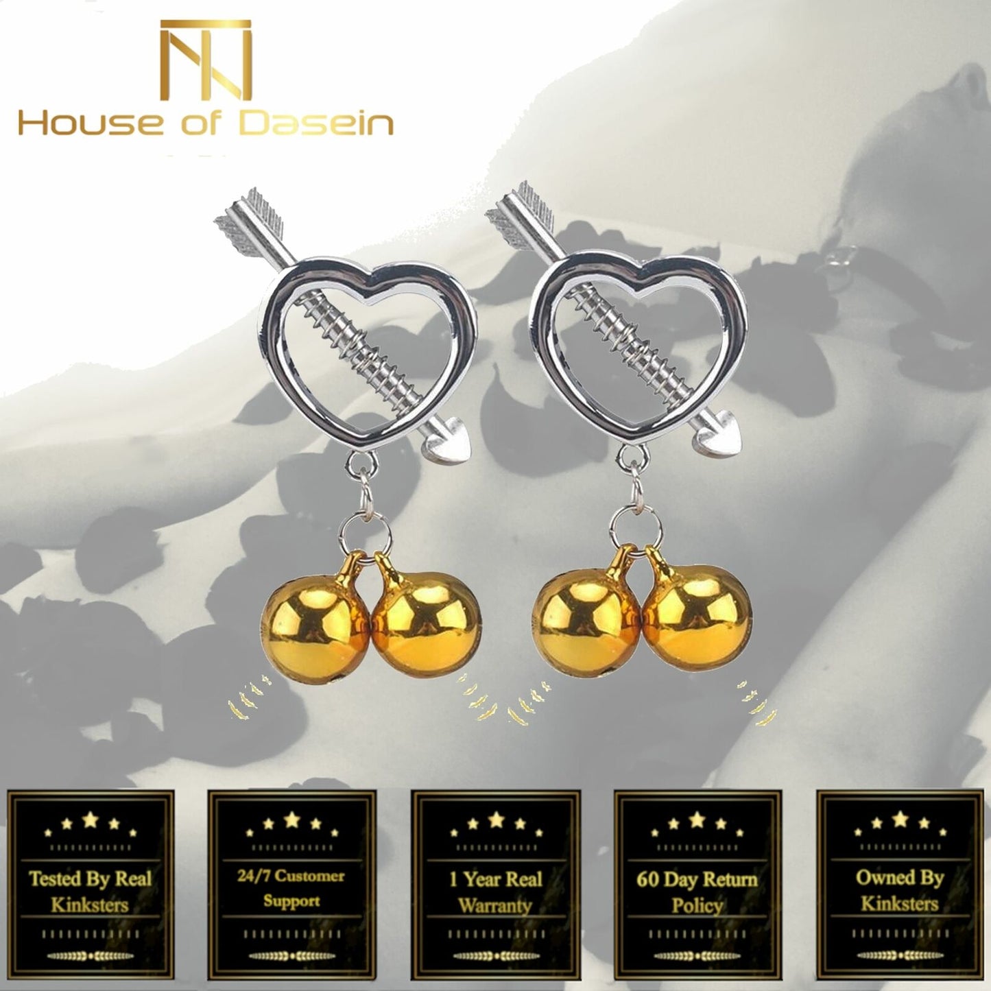 Cupid' Arrow Gold Bell Stainless Steel Nipple Clamps Bdsm Bondage Restraints