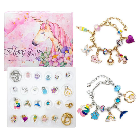 24 Countdown Calendar Unicorn Blind Box Christmas Charm Bracelet Set Kids Girls