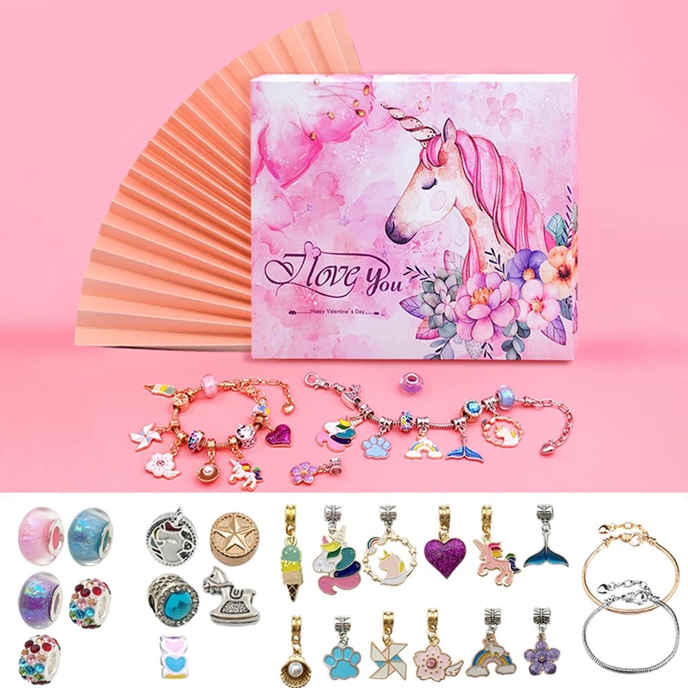 24 Countdown Calendar Unicorn Blind Box Christmas Charm Bracelet Set Kids Girls