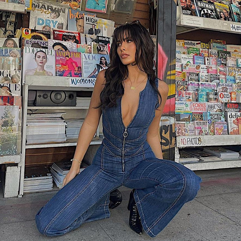 Summer Slim Heart-Shape Backless Denim Jumpsuit Women Halter Neck High Waist Pants