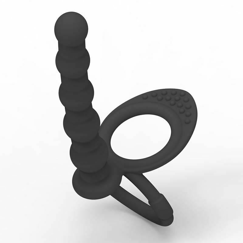 Black Double Penetration Cock Ring Strapon Anal Beads Dildo Butt Plug