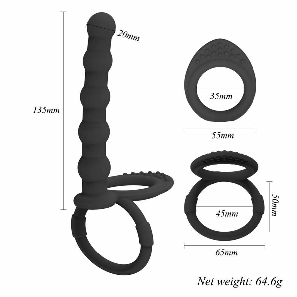 Black Double Penetration Cock Ring Strapon Anal Beads Dildo Butt Plug