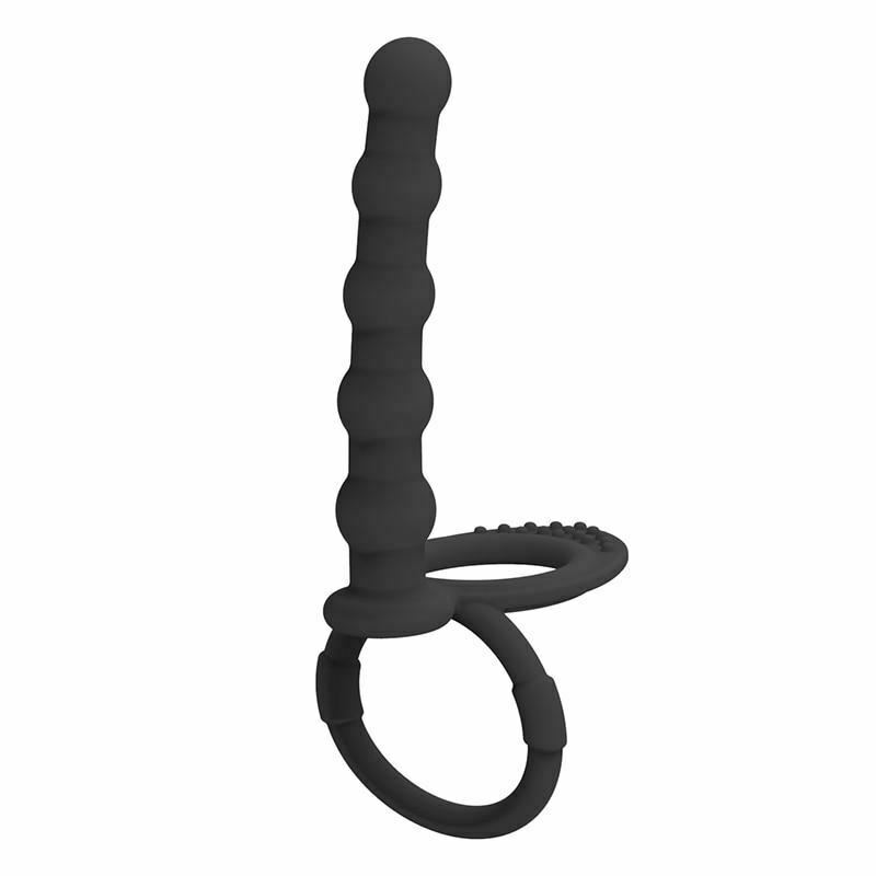 Black Double Penetration Cock Ring Strapon Anal Beads Dildo Butt Plug