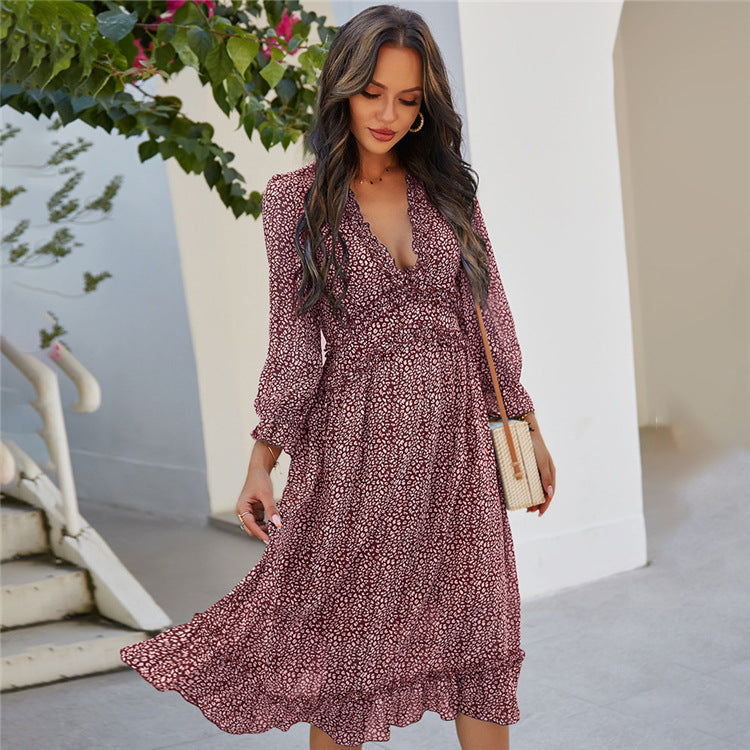 Boho All Over Print Frill Trim Women's Summer Long Sleeve V Neck Dress
