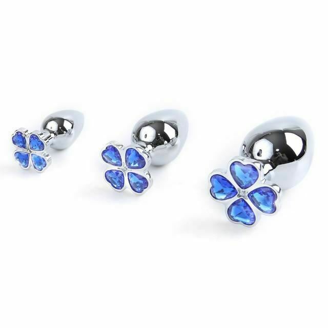 Blue Flower Stainless Steel Metal Anal Crystal Butt Plug Vibrator Set Bdsm