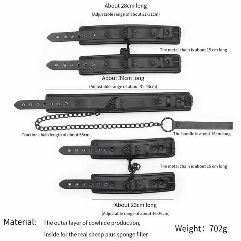 Black Leather Handcuffs Ankle Wrist Cuffs Collar Leash Bdsm Bondage Restraints Kit