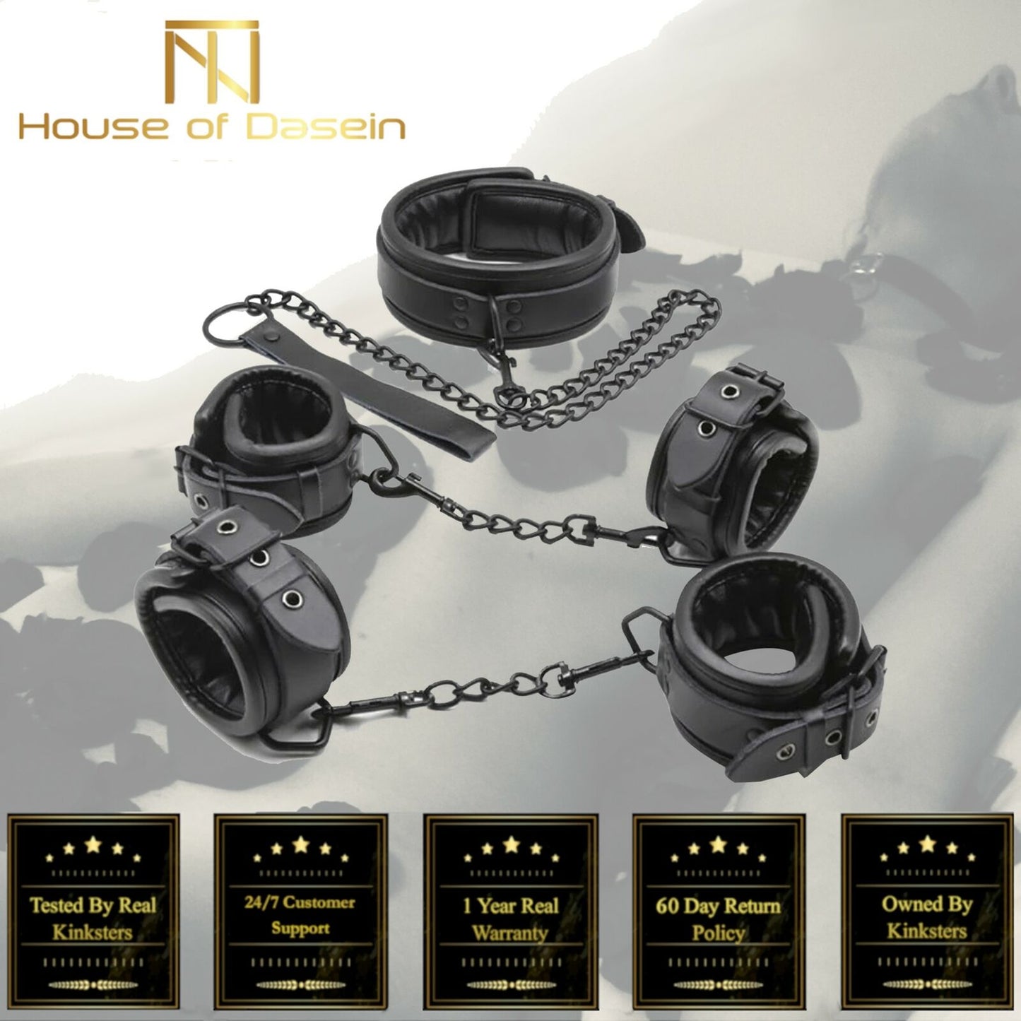 Black Leather Handcuffs Ankle Wrist Cuffs Collar Leash Bdsm Bondage Restraints Kit