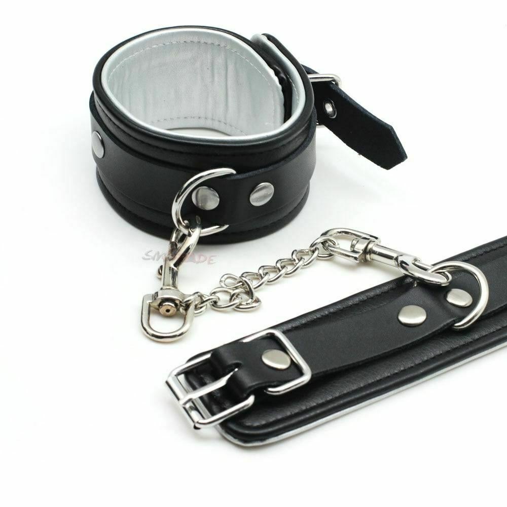 Black Silver Leather Wrist Bondage Handcuffs Bdsm Restraints
