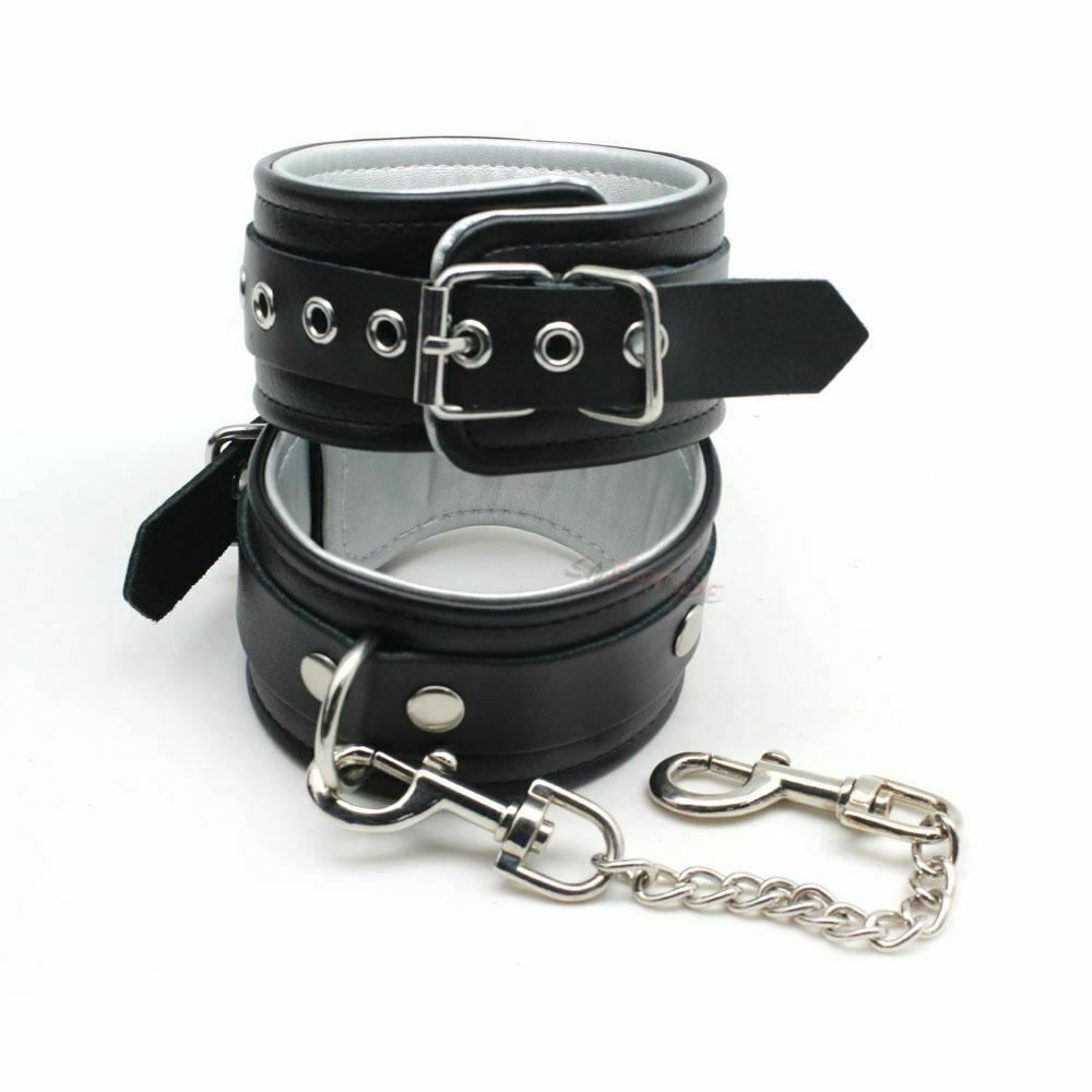 Black Silver Leather Wrist Bondage Handcuffs Bdsm Restraints