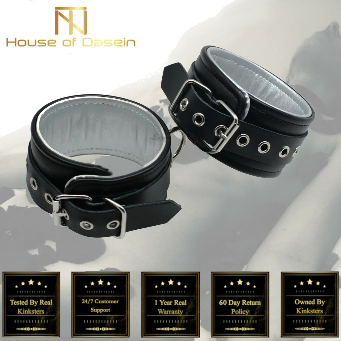 Black Silver Leather Wrist Bondage Handcuffs Bdsm Restraints
