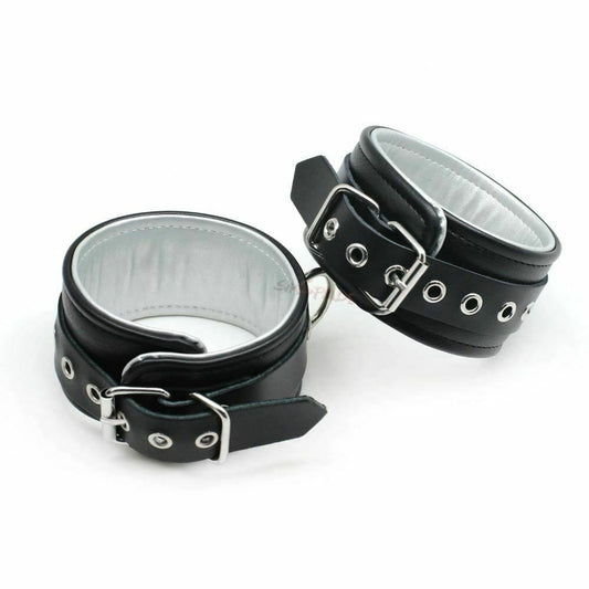 Black Silver Leather Wrist Bondage Handcuffs Bdsm Restraints