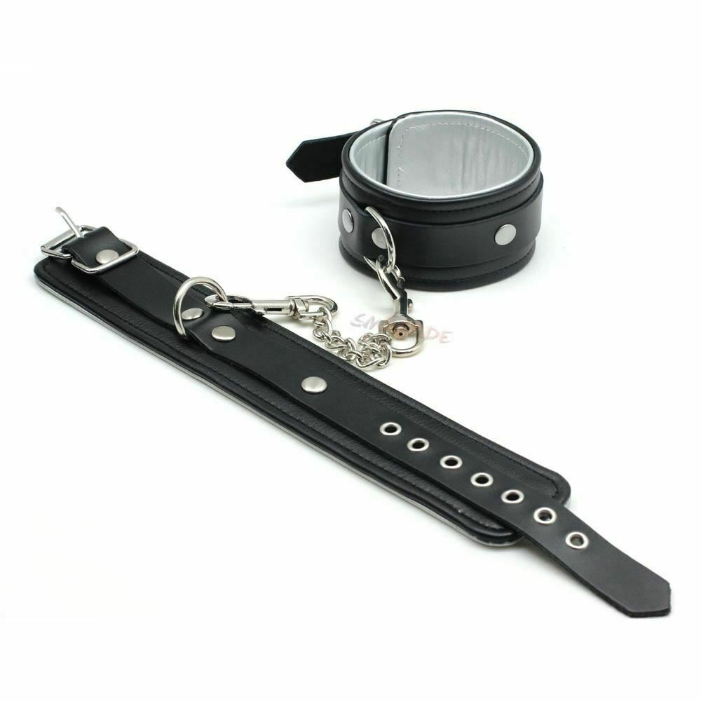 Black Silver Leather Wrist Bondage Handcuffs Bdsm Restraints