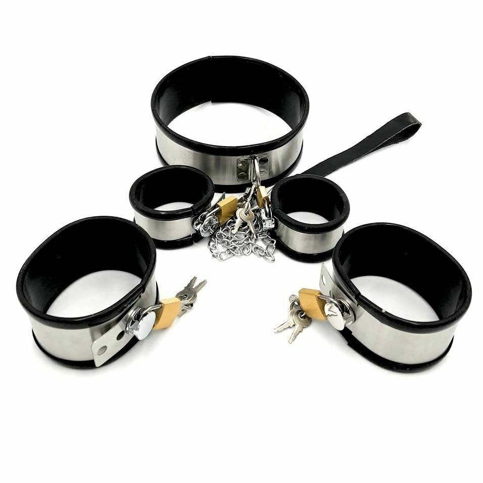 Stainless Steel Locking Wrist Ankle Cuffs Collar Bdsm Fetish Kit