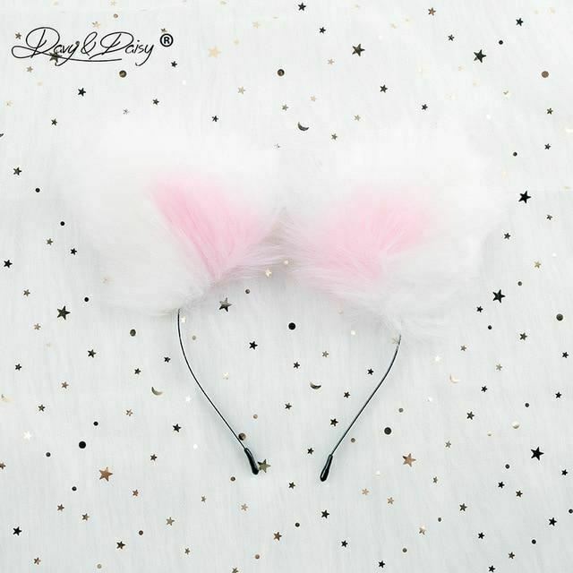 Sweet Pastel White Faux Fur Fox Cat Puppy Ears Headband Bdsm Cosplay