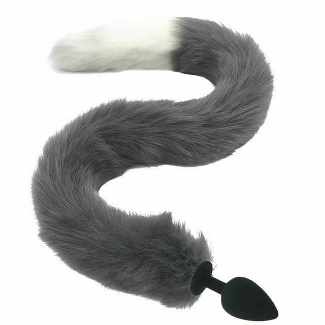 80Cm Long Grey White Fox Tail Cosplay Anal Butt Plug Bdsm Pet Play