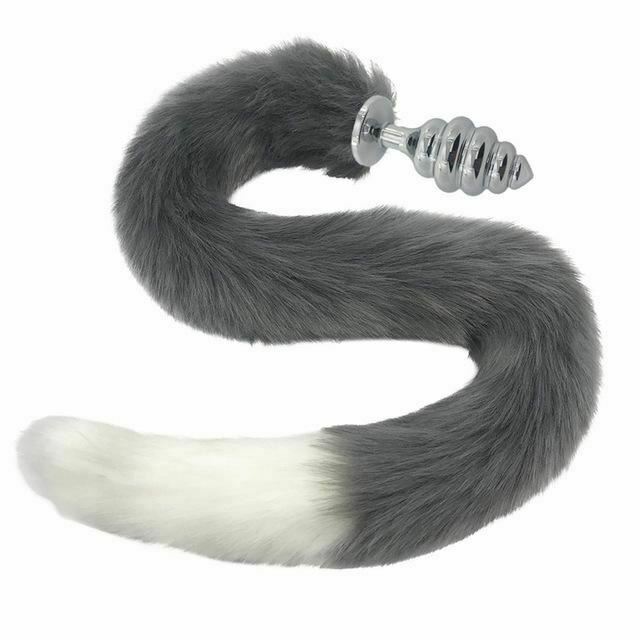 80Cm Long Grey White Fox Tail Cosplay Anal Butt Plug Bdsm Pet Play