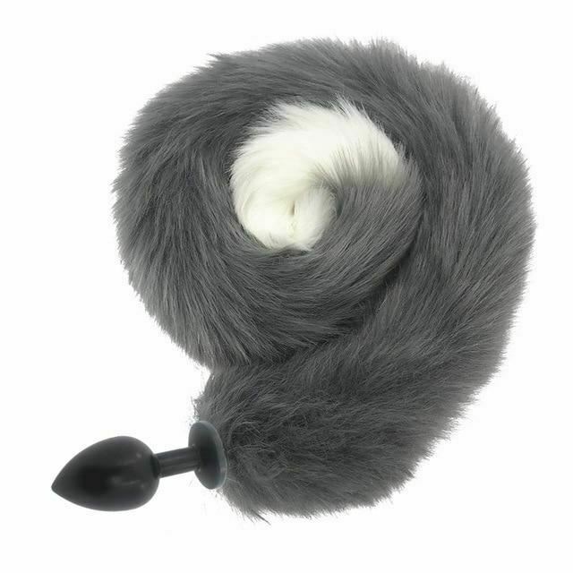 80Cm Long Grey White Fox Tail Cosplay Anal Butt Plug Bdsm Pet Play