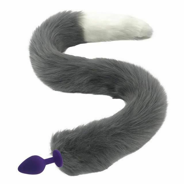 80Cm Long Grey White Fox Tail Cosplay Anal Butt Plug Bdsm Pet Play