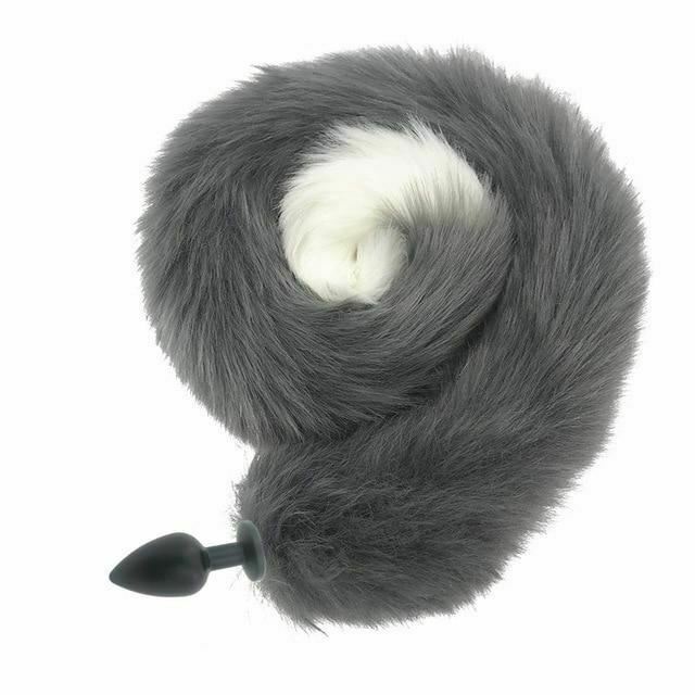 80Cm Long Grey White Fox Tail Cosplay Anal Butt Plug Bdsm Pet Play
