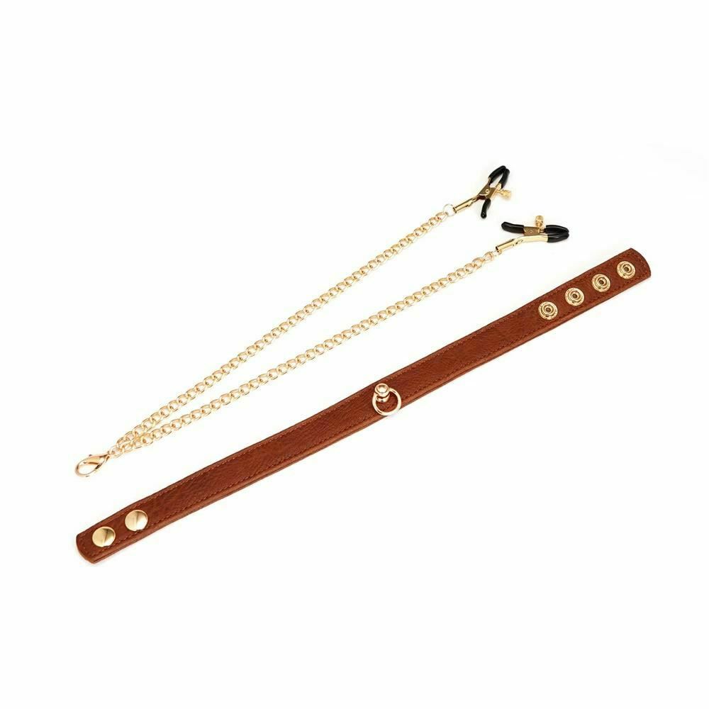 Brown Leather Collar With Nipple Clamps Bdsm Bondage Restraints Sex Slave Games