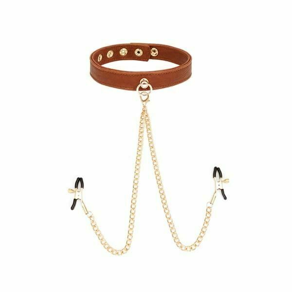 Brown Leather Collar With Nipple Clamps Bdsm Bondage Restraints Sex Slave Games