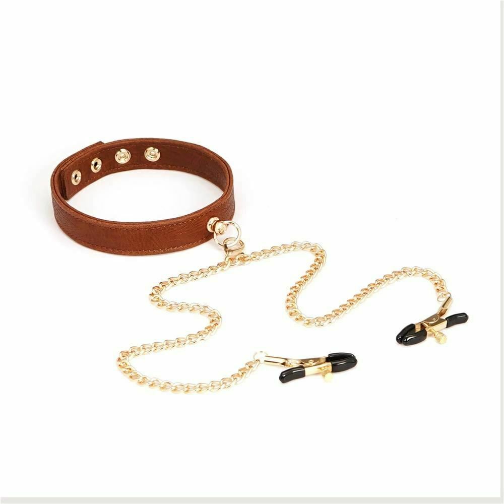 Brown Leather Collar With Nipple Clamps Bdsm Bondage Restraints Sex Slave Games
