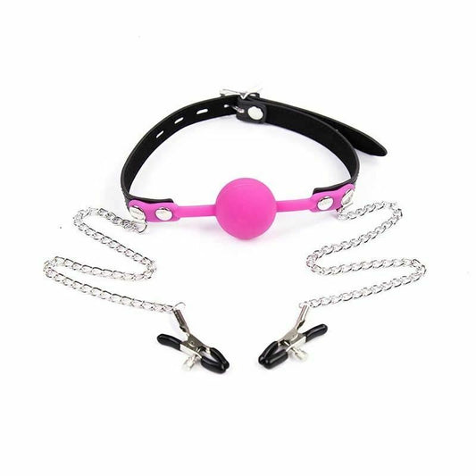Pink Ball Gag With Nipple Clamps Mouth Bondage Fetish Bdsm Restraints