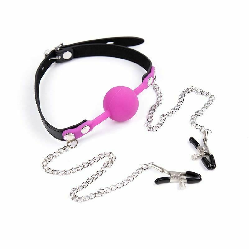 Pink Ball Gag With Nipple Clamps Mouth Bondage Fetish Bdsm Restraints