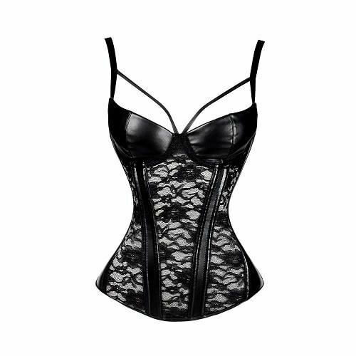 Black Leather And Lace Bustier Over Slimming Lingerie Bdsm Fetish Clothing