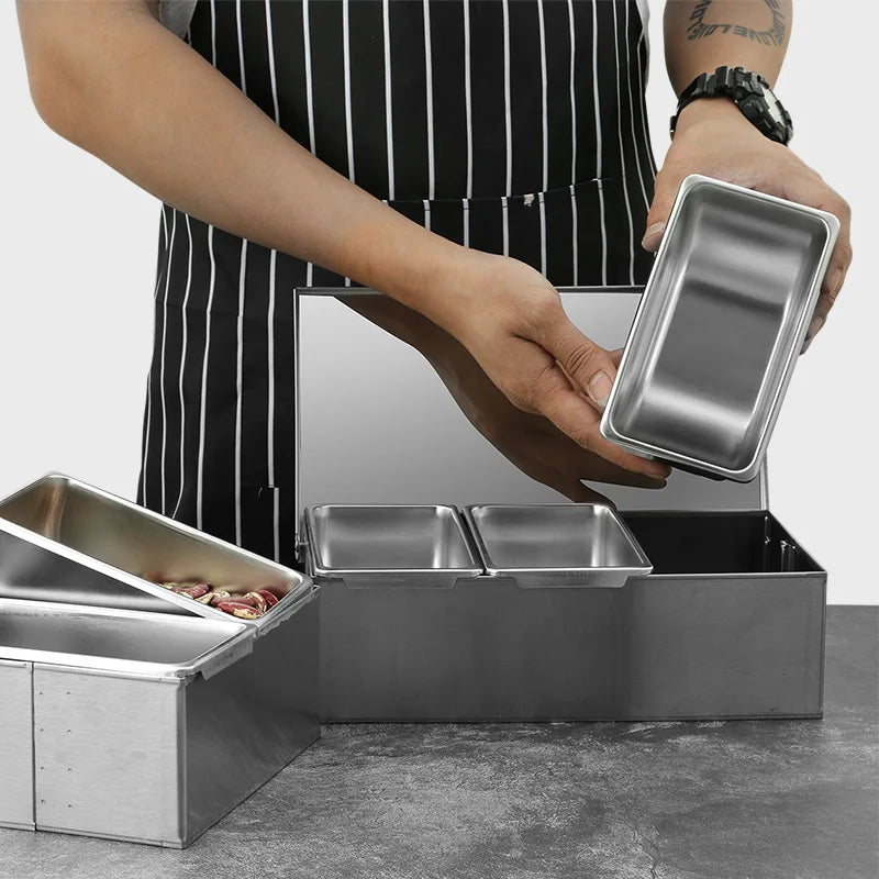 Stainless Steel 3/4/5 Section Ingredients Box Salt Sugar Cheese Sauce Seasoning Pizza Making Tool Snack Storage