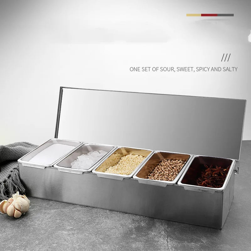 Stainless Steel 3/4/5 Section Ingredients Box Salt Sugar Cheese Sauce Seasoning Pizza Making Tool Snack Storage