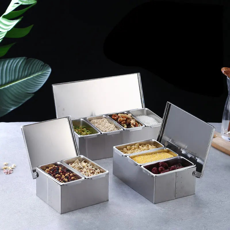 Stainless Steel 3/4/5 Section Ingredients Box Salt Sugar Cheese Sauce Seasoning Pizza Making Tool Snack Storage