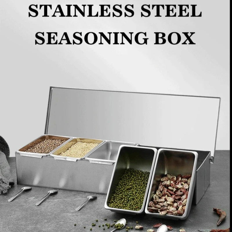 Stainless Steel 3/4/5 Section Ingredients Box Salt Sugar Cheese Sauce Seasoning Pizza Making Tool Snack Storage