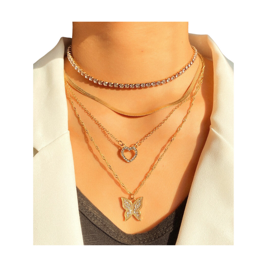 Veile Studios Butterfly Studded Diamond Tassel Multi-Layer Pendant Necklace For Women Fashion Jewellery
