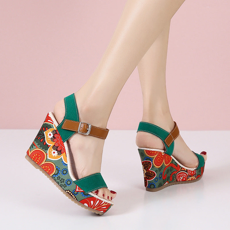 Fashion Flowers Embroidered High Wedge Sandals For Women Summer Toe Platform Buckle Shoes