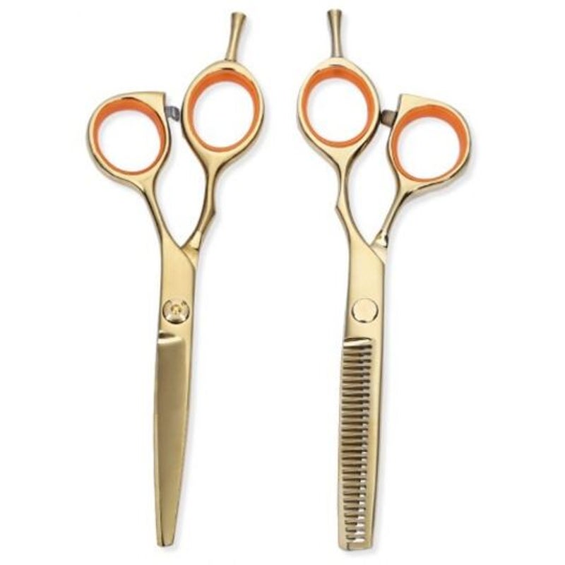 2Pcs 5.5 Inch 440C Titanium Hairdressing Scissors Shears Kit Barber Thinning Cutting Set Golden