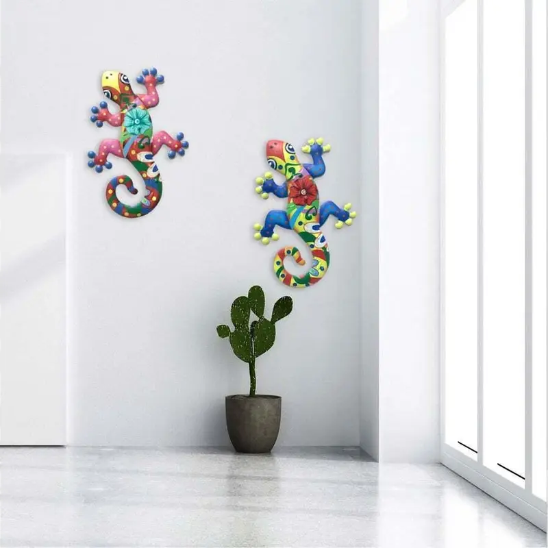 2Pcs Metal Gecko Art Craft Sculptures Lizard For Outdoor Backyard Porch Lawn Fence Garden Wall Decor