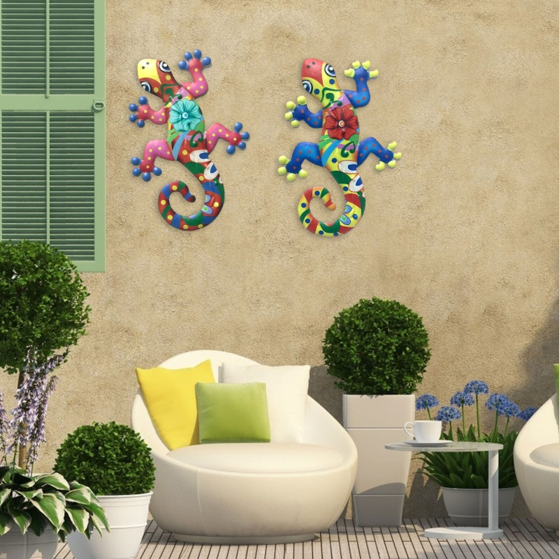 2Pcs Metal Gecko Art Craft Sculptures Lizard For Outdoor Backyard Porch Lawn Fence Garden Wall Decor