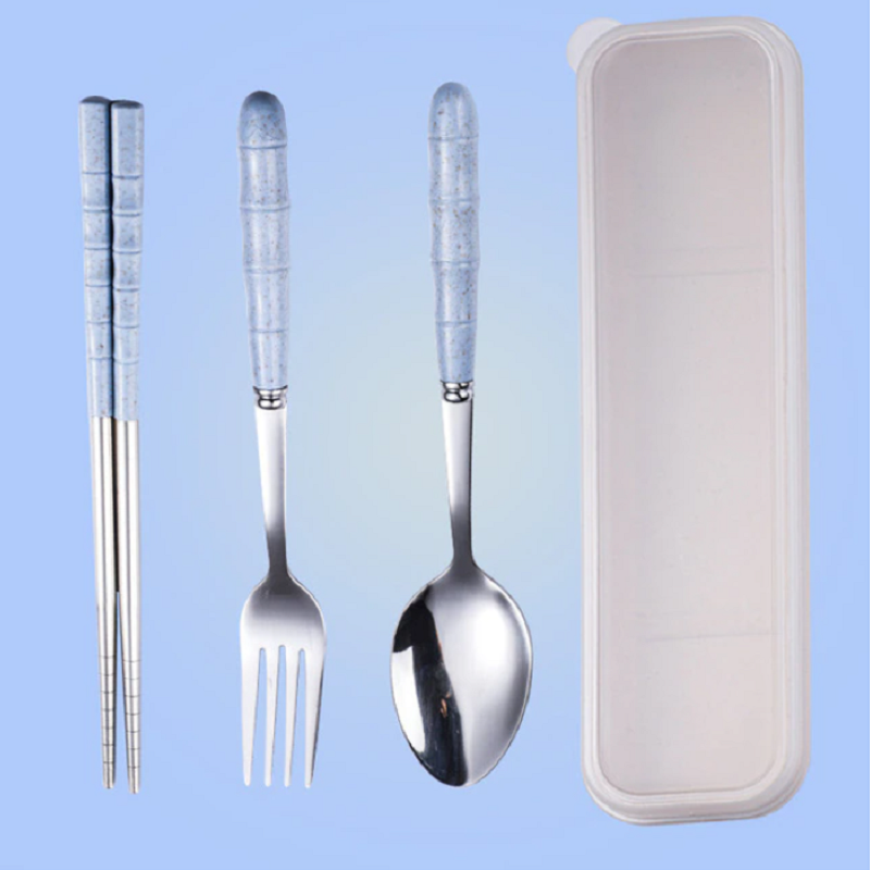 2Set Wheat Straw Stainless Steel Portable Spoon Fork Chopsticks With Storage Box