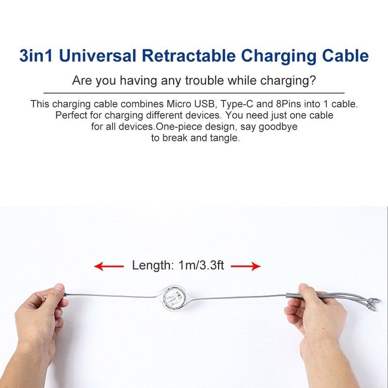 3 In 1 Usb Charging Cable Cord For Smart Phones Ipad 1M Grey