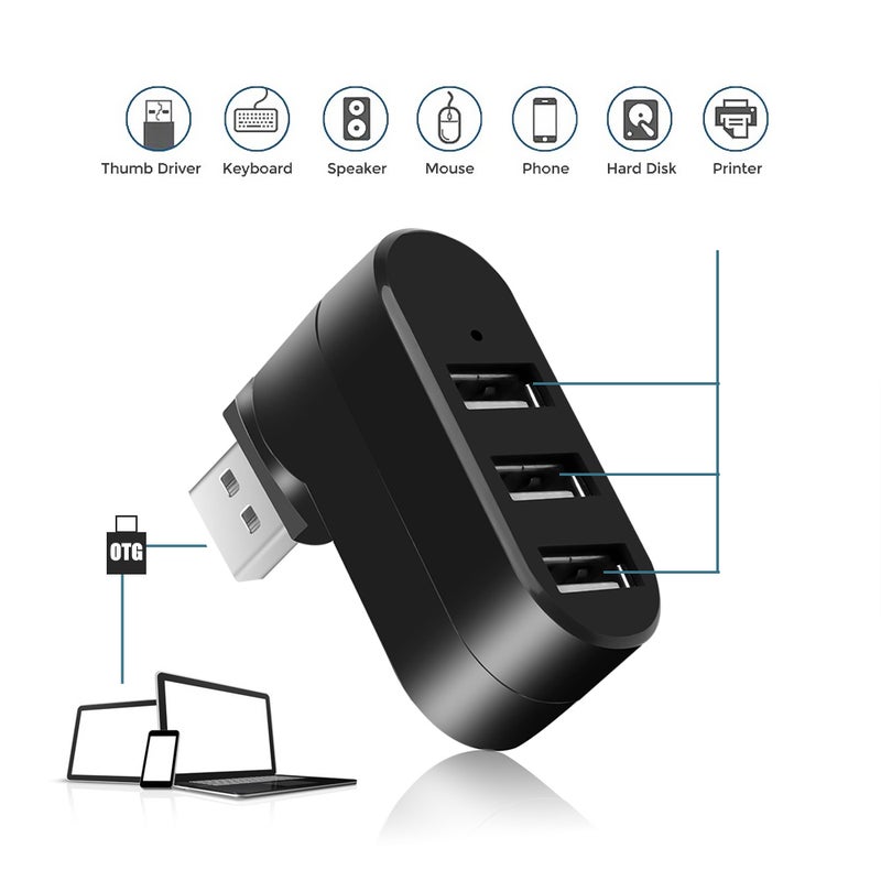 3 Ports Hub Usb 2.0 Mini Rotate Splitter Adapter For Macbook Pc Notebook Laptop