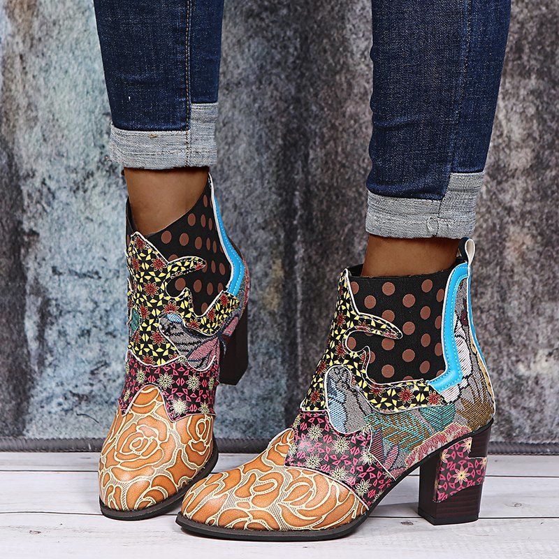 Bohemian Women's Boho Boots Retro Block High Heels Zipper