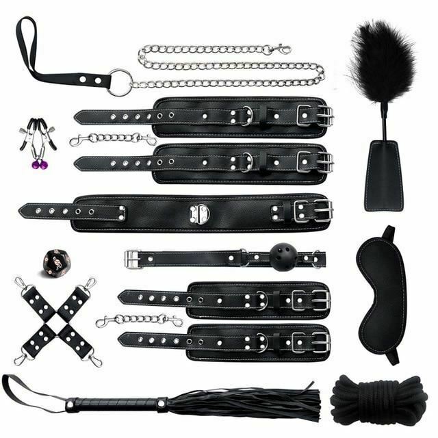 Black Pink Bondage Kit Handcuffs Leash Whip Gag Nipple Clamps Bdsm Set