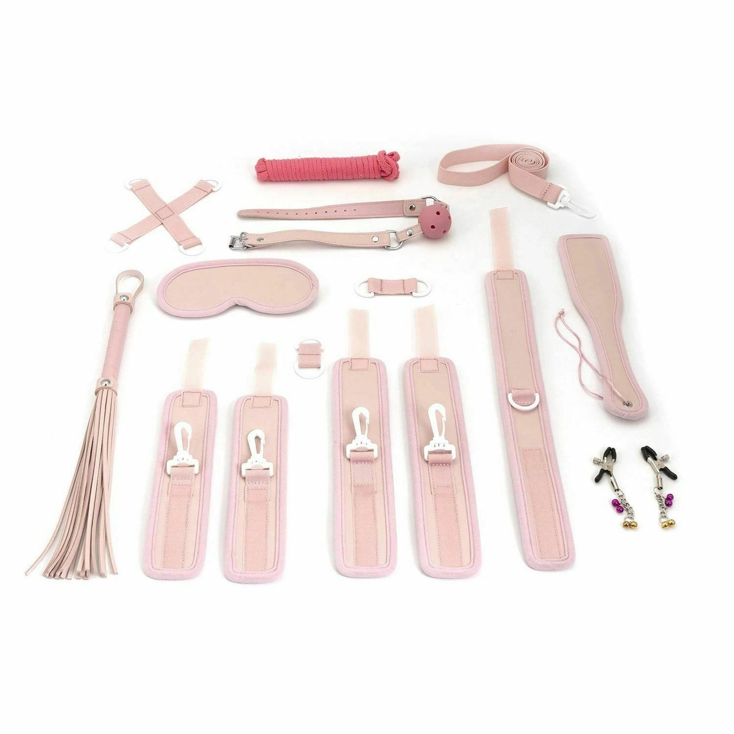 Pink 10Pcs Bdsm Set Collar Nipple Clamps Flogger Cuffs Paddle Rope Blindfold Kit