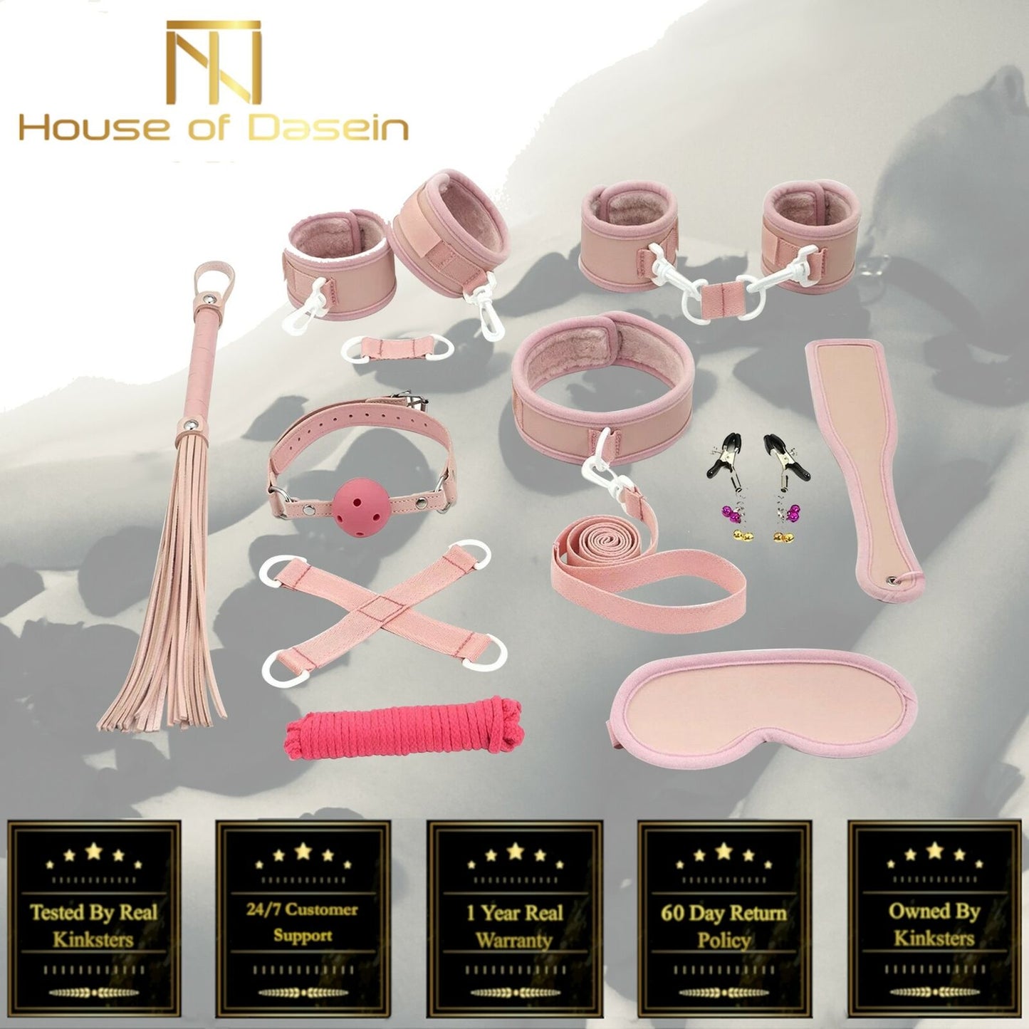 Pink 10Pcs Bdsm Set Collar Nipple Clamps Flogger Cuffs Paddle Rope Blindfold Kit